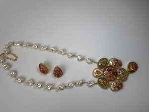 Vibrant necklace adorned with decorative pieces.
