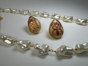 Close-up of pearl jewelry details.